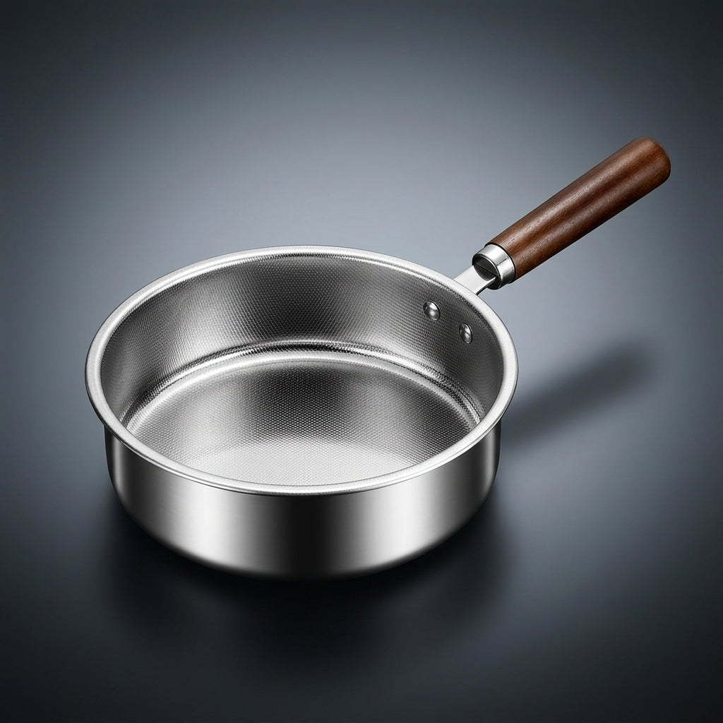 Frying Pan for Induction Hob with Wood Handle, Professional Stainless Steel Skillet for Omelette, 5cm Deep Egg Pan, Versatile Pancake Pan