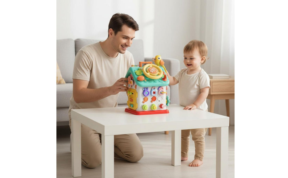 Multi-Functional Montessori Busy House Early Education 6-Sided Activity Cube Travel Friendly Toddler Activity House Built-in Night Light for Toddlers, Infants