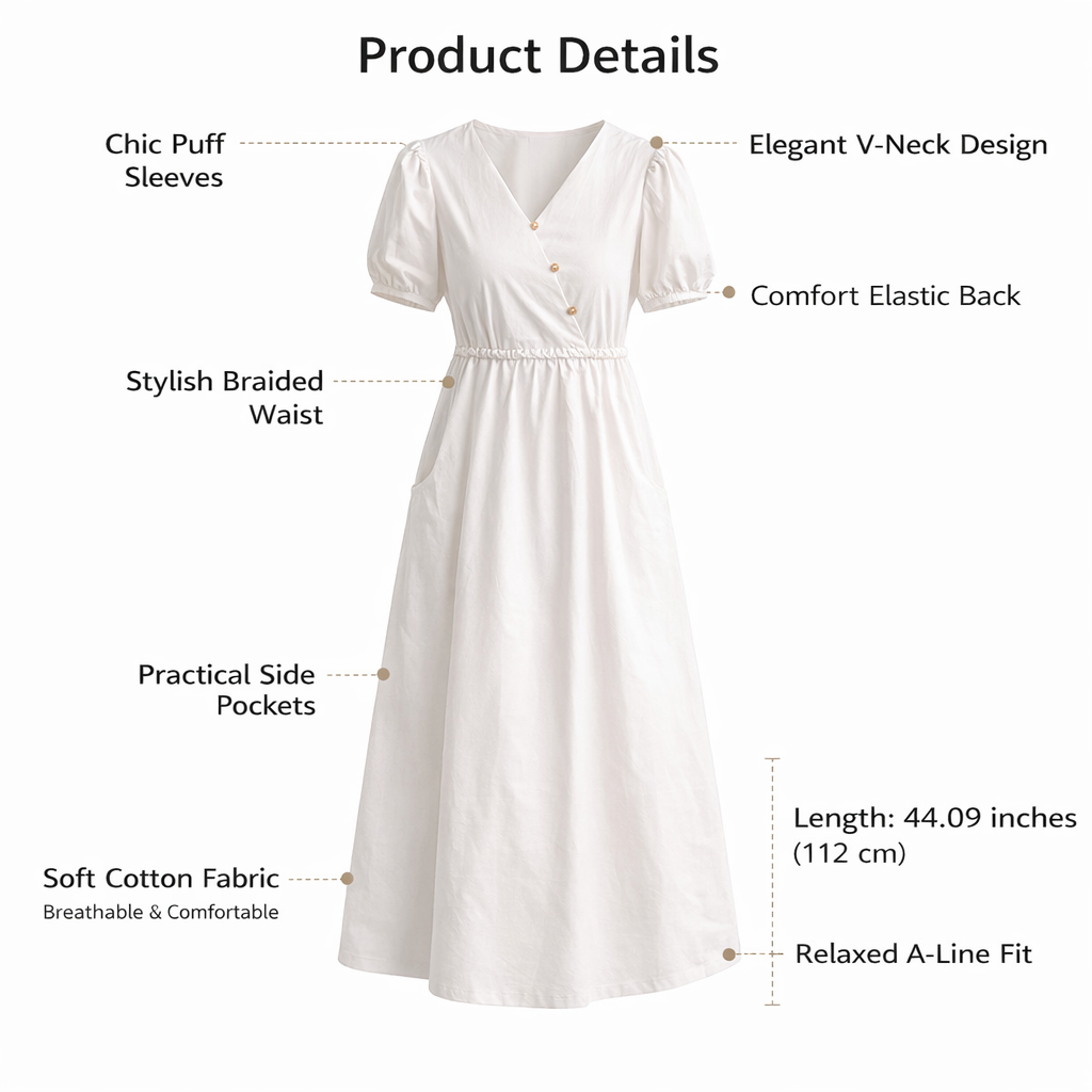 Summer Maxi Dress for Women UK with Puff Sleeves and V-Neckline, Beach Cover Up with Cinched Waist for Flattering Fit, Available in Extended Sizes
