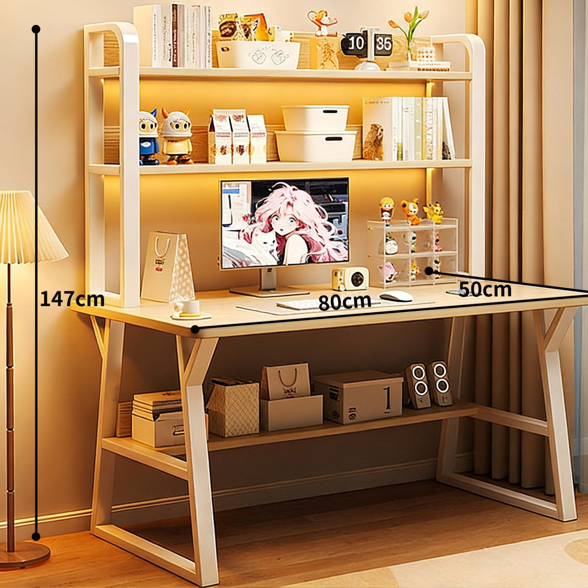 Study Table Desk with Bookshelf Computer Desk Hutch Multi-level Shelving Sturdy Steel Frame Ergonomic Workspace Suitable for Students Kids Bedroom Home Office