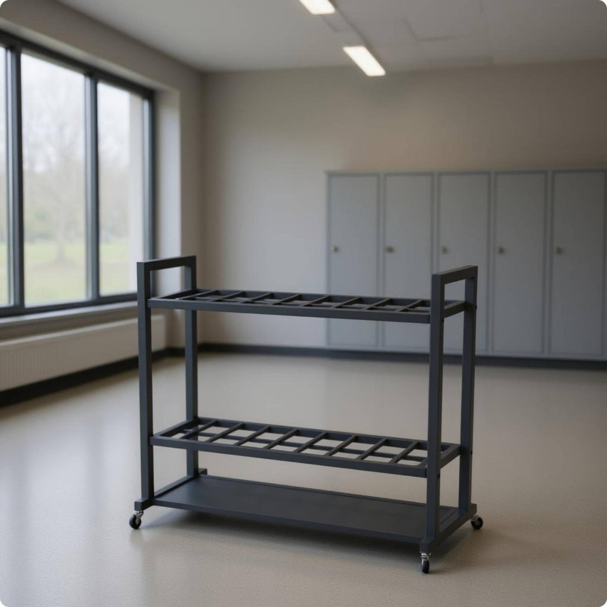 Sports Gear Rack Slatted Tiers Mobile Storage Rack Caster Wheels Athletic Gear Organizer for Locker Room