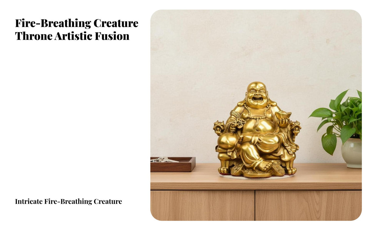 Good Fortune Symbol Laughing Buddha on Dragon Throne Intricacyed Craftsmanship Laughing Buddha Statue Golden Finish Feng Shui Ornament for Business Owners, Spirituality Seekers, Entrance Hall, Entranceway, Living Room, Storefront