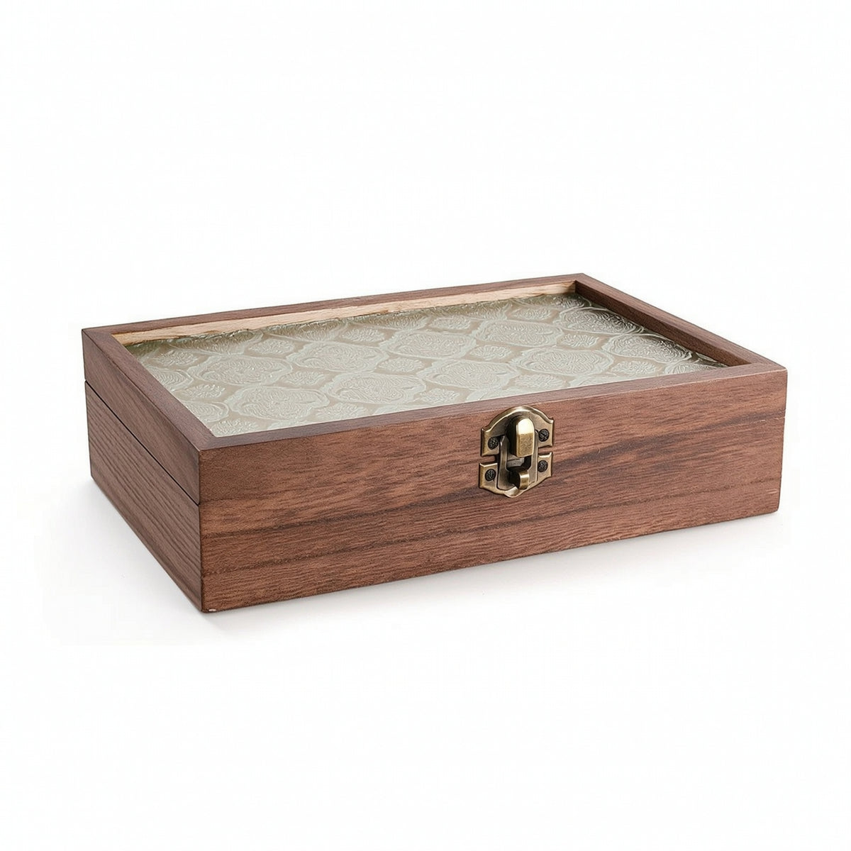 Hinged Display Case with Glass Lid Embossed Wooden Box with Glass Lid Wood-Grain Jewelry Box Decorative for Women, Desktop, Dresser, Vanity