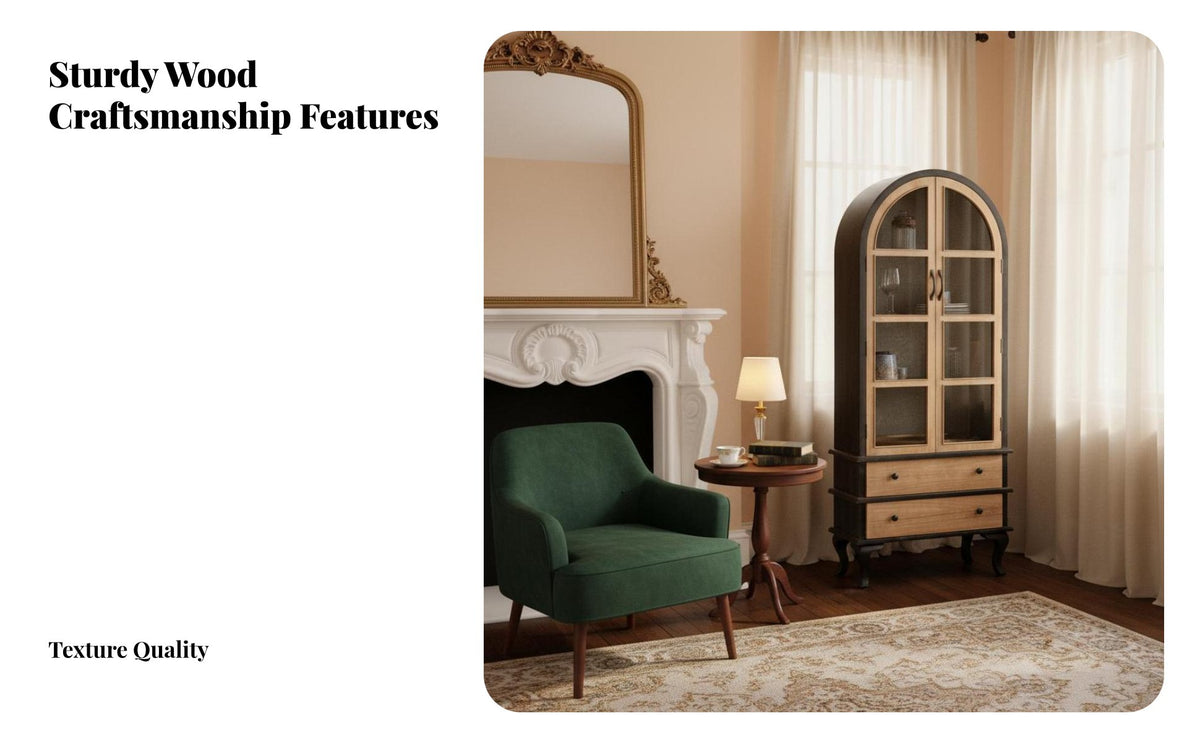 French design 2-Door Curio with Drawers Glass Panel Doors Display Cabinet Vintage Design book storage unit Floor-Standing for Book Lovers, Collectors, Interior Decorators, Living Room, Study, Home Office, Bedroom