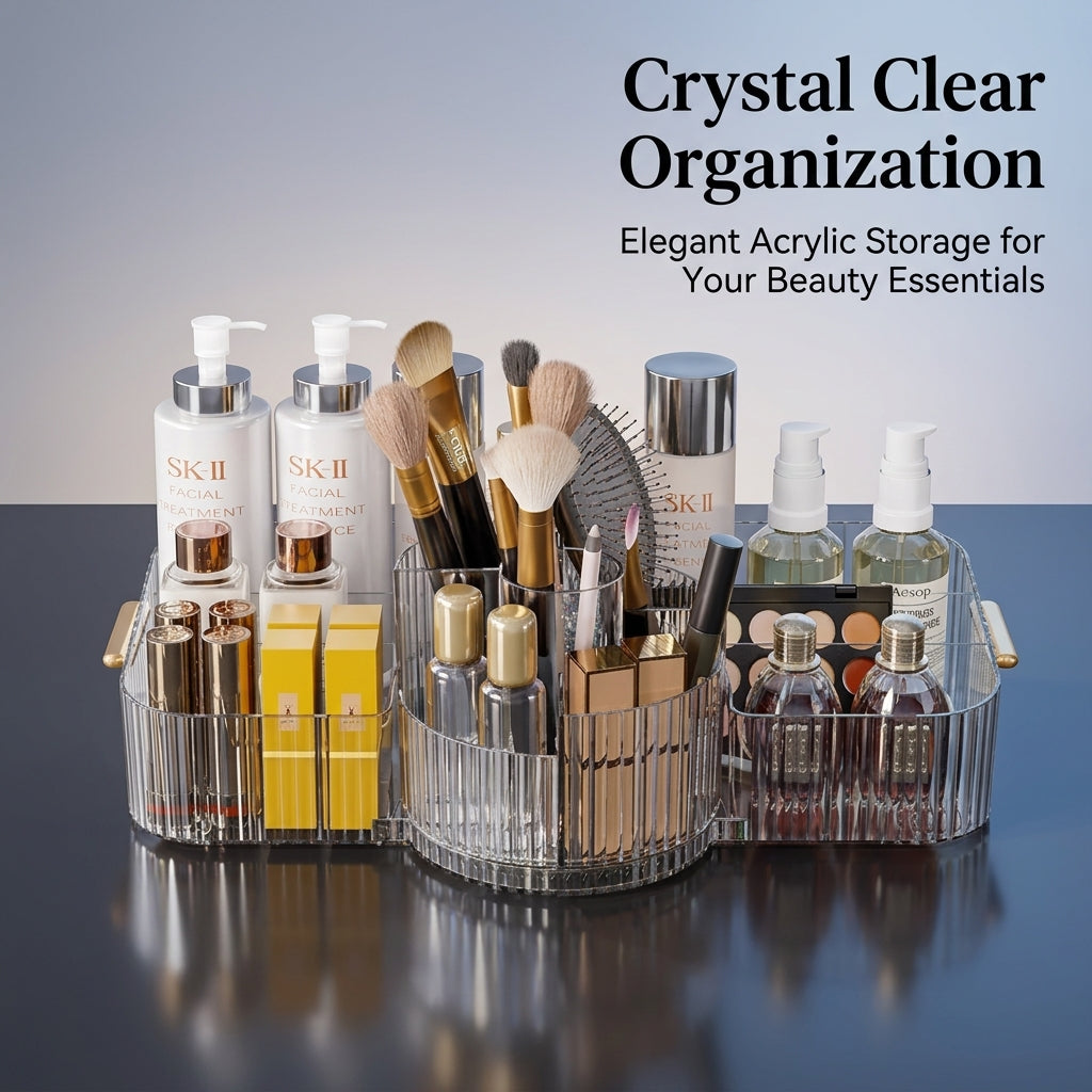 Cosmetic Organizer with Rotating Design and Compartments, Acrylic Skincare Storage for Vanity Table and Dorm Room