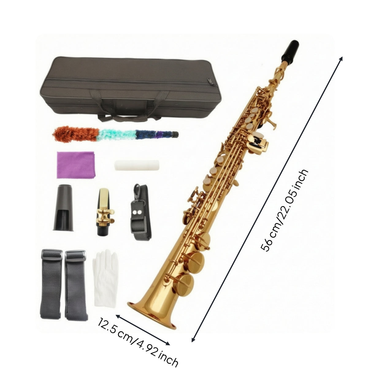 Brass-Lacquered Straight Soprano Saxophone Polished Soprano Saxophone Ergonomic Woodwind Instrument Sturdy for Beginners