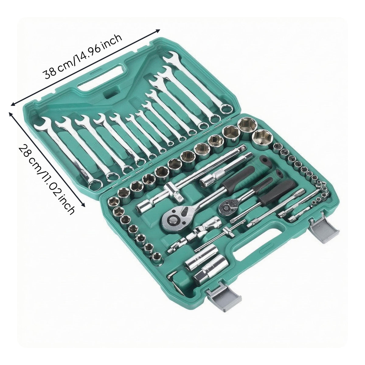 Hard Case Automotive Repair Tool Set Molded Compartments Socket and Wrench Kit Metal Latches Ratchet Wrench Set Polished Finish