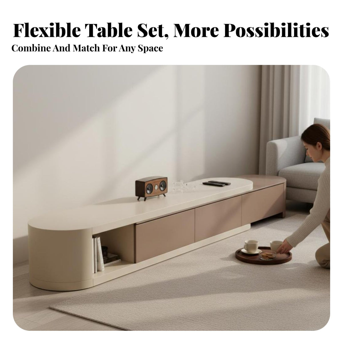 2 Pieces French Cream aesthetic Nesting Coffee Tables Space-Saving Pebble-Shaped Coffee Table pair Modern Design Household Furniture Rounded Edges for Apartment Dwellers, Interior Decorators, Living Room, Small Spaces, Lounge Area, Bedroom