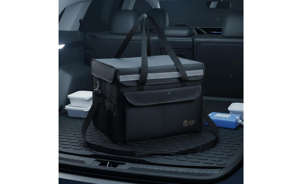 Large Insulated Food Delivery Bag Multiple Compartments Stackable Food Transport Box Foldable Insulated Grocery Bag for Car Trunk