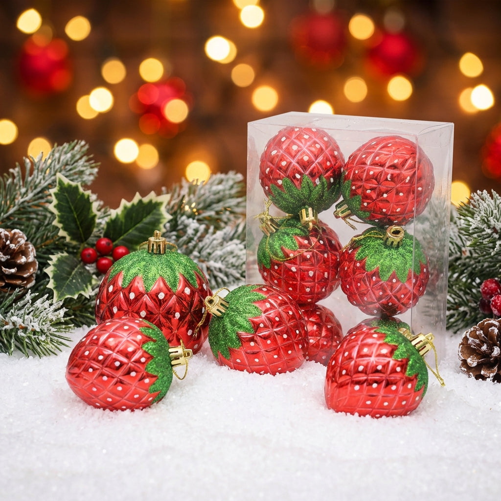 Pack of 6 Strawberry Baubles, Glitter Red Fruit Ornaments, Shiny Hanging Decorations for Easter Tree and Spring Home Decor