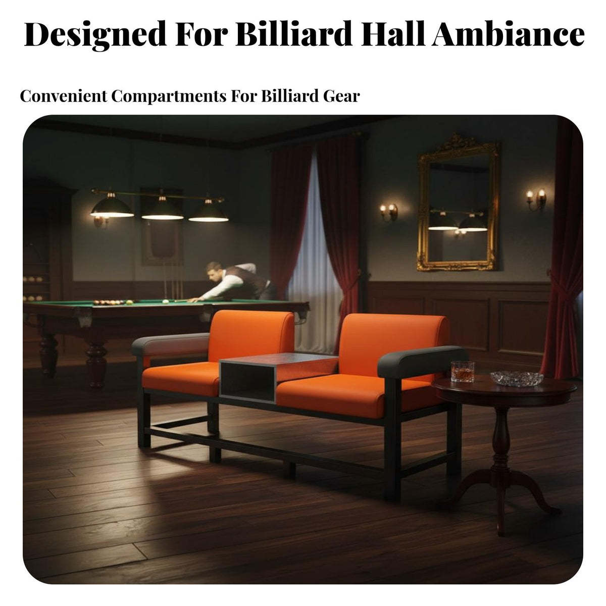 Light Luxury Design Billiard Spectator Sofa High-Density Foam Cushion Pool Hall Loveseat Sturdy Construction Cue Holder Viewing Bench Breathable Upholstery for Spectators, Club Owners, Game Room, Clubhouse, Sports Bar