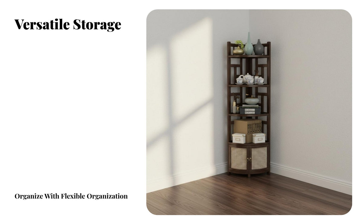 Traditional Design Multi-Tier Corner Shelf Multipurpose Display Rack Stable Construction Storage Furniture Easy Assembly for Collectors, Apartment Dwellers, Living Room, Bedroom, Hallway, Bathroom