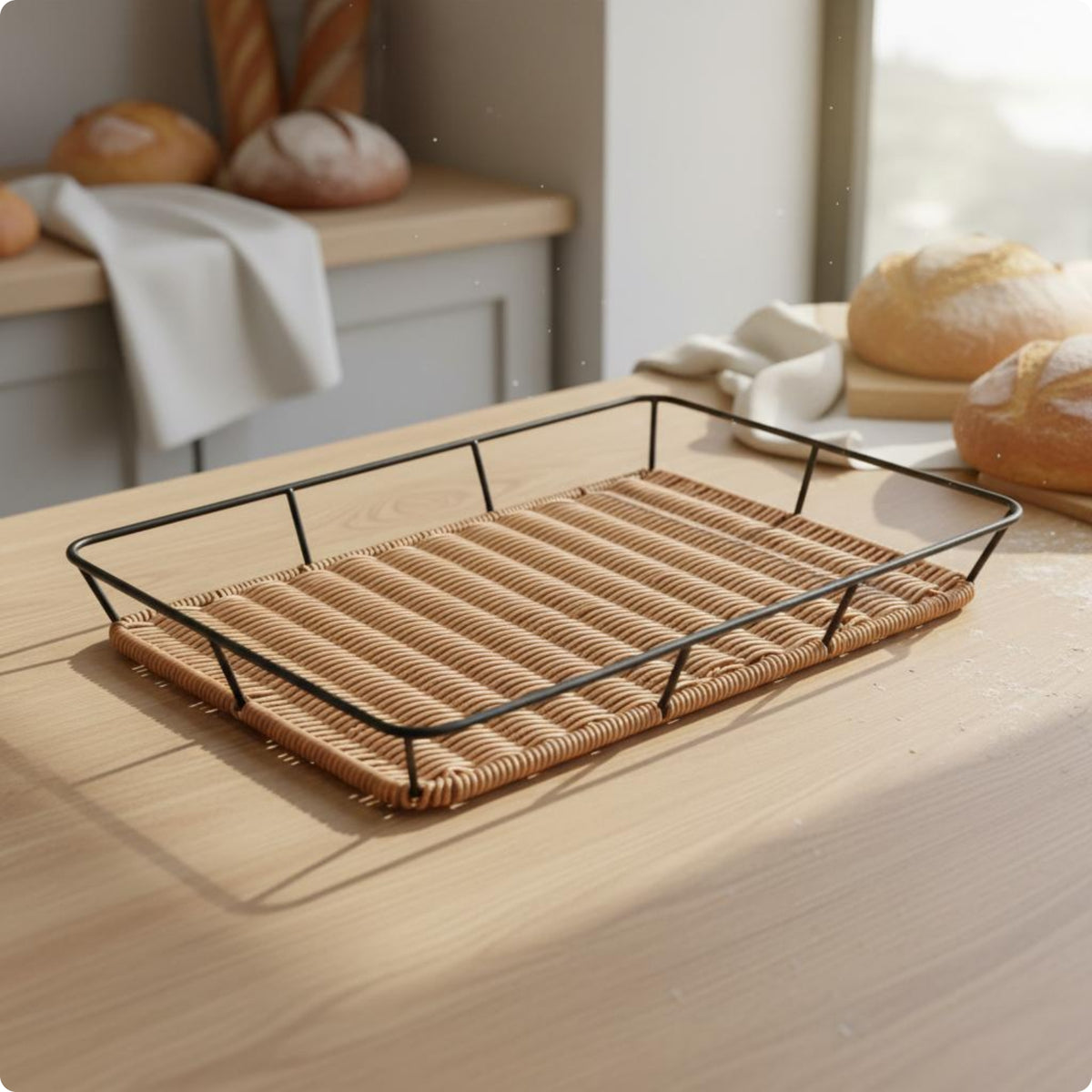Rectangular Bread Basket Tray Sturdy Rectangular Artificial Rattan Tray Easy to Clean Home Organizer