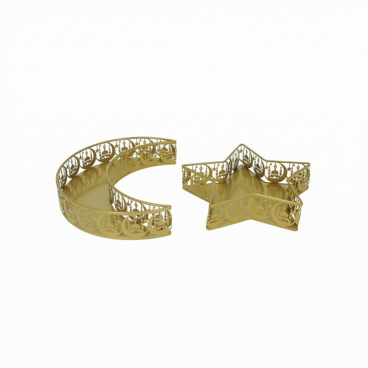 2 Pieces Gold-Colored Perforated Metal Tray Set Mosque-Style Pattern Crescent Moon Tray Hollow-Sided Crescent Moon Platter Decorative