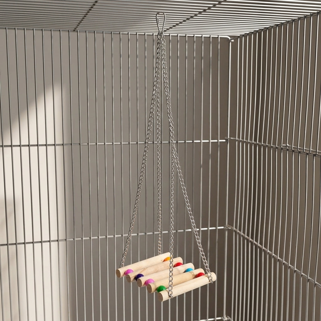 Bird Swing and Parrot Bridge for Cage, Wooden Bird Perch with Hanging Chain, Small Medium Budgie and Cockatiel Toys for Parrot Swing Climbing