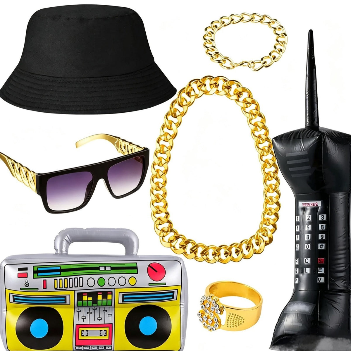 Hip Hop Gold Necklace Bracelet Black Bucket Hat Sunglasses Dollar Ring Party Costume Set