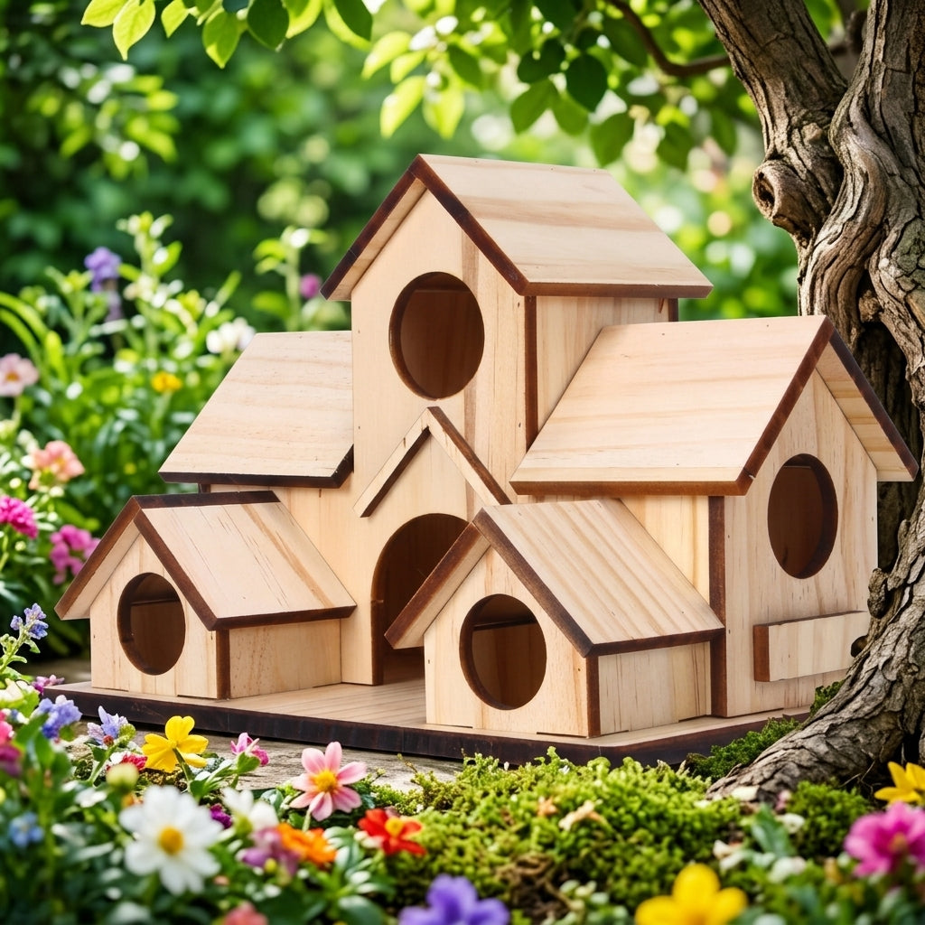 Multi-Level Solid Avian Abode Nesting Station with 5 Holes, Wooden Nest Box, Freestanding Garden Structure for Outdoor Use and Shelter