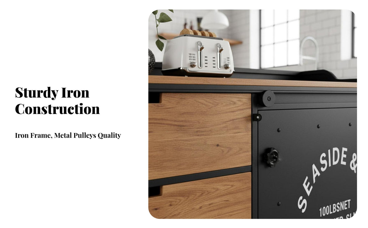 Metal and Wood Construction rustic hall table with Drawers Vintage Design Freestanding highlight Cabinet adaptable Sideboard Easy Assembly for Decor aficionados, Apartment Dwellers, Dining Room, Coffee Corner, Kitchen, Entryway