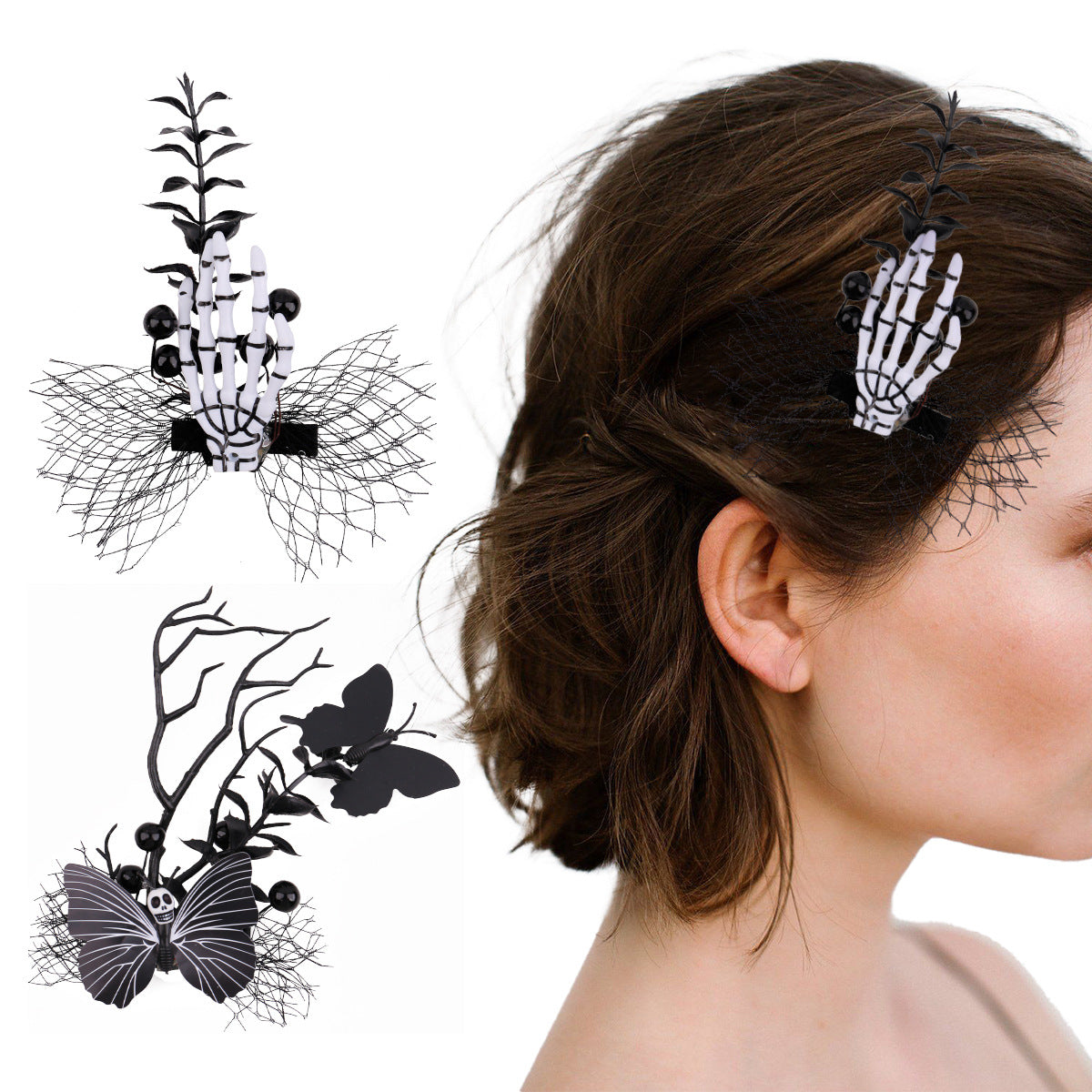 Halloween Mesh Bone Claw Hair Clip and Butterfly Side Clip Costume Accessory
