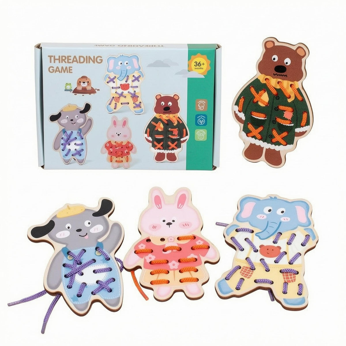 4 Pieces Punched Holes Animal Lacing Board Printed Faces Wooden Threading Board Fine Motor Skills Educational Toy Hand-Eye Coordination