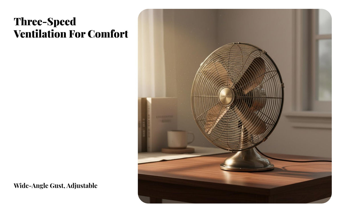 Portable Retro Electric Fan Wide Angle Oscillation Vintage Design Desk Fan Adjustable Tilt Antique Design Air Circulator 3 Speed Settings for Office, Bedroom, Living Room