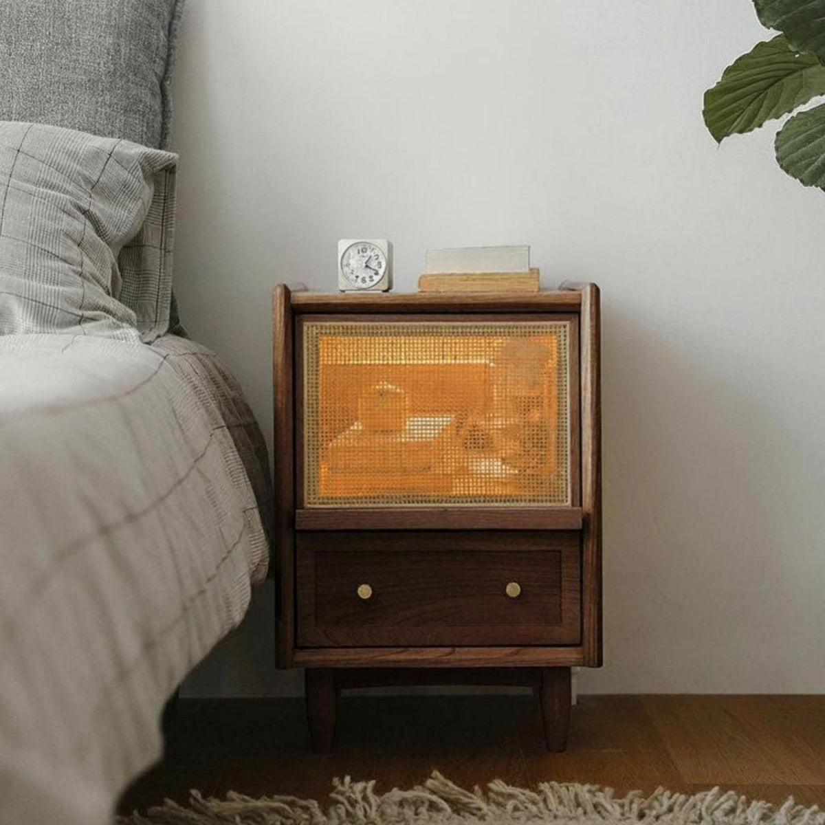 Single-Drawer Rattan Nightstand Minimalist Aesthetic Bedside Table for Students