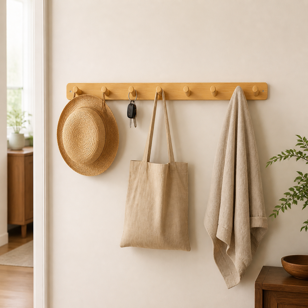 8 Hook Coat Hooks, Heavy Duty Bamboo Wall Mounted Coat Rack, Minimalist Design for Mudroom, Hallway & Bedroom