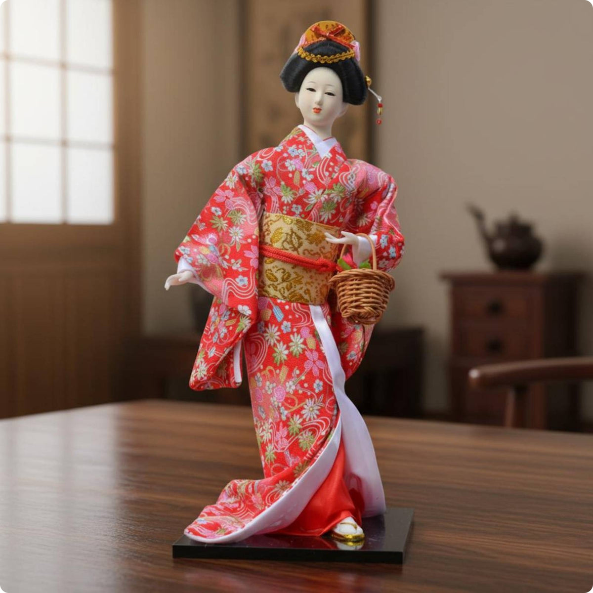 Traditional Japanese Figurine Rectangular Base Japanese Doll Upright Pose Collectible Figure