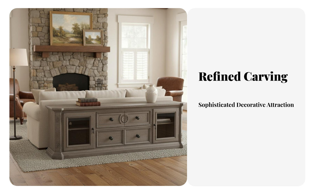 Multi-Functional Carved Oak TV Cabinet Glass Door Cabinets American Country Design Floor Cabinet Vintage Design Entertainment Center for Interior Design Enthusiasts, Homeowners, Families, Den, Bedroom, Home