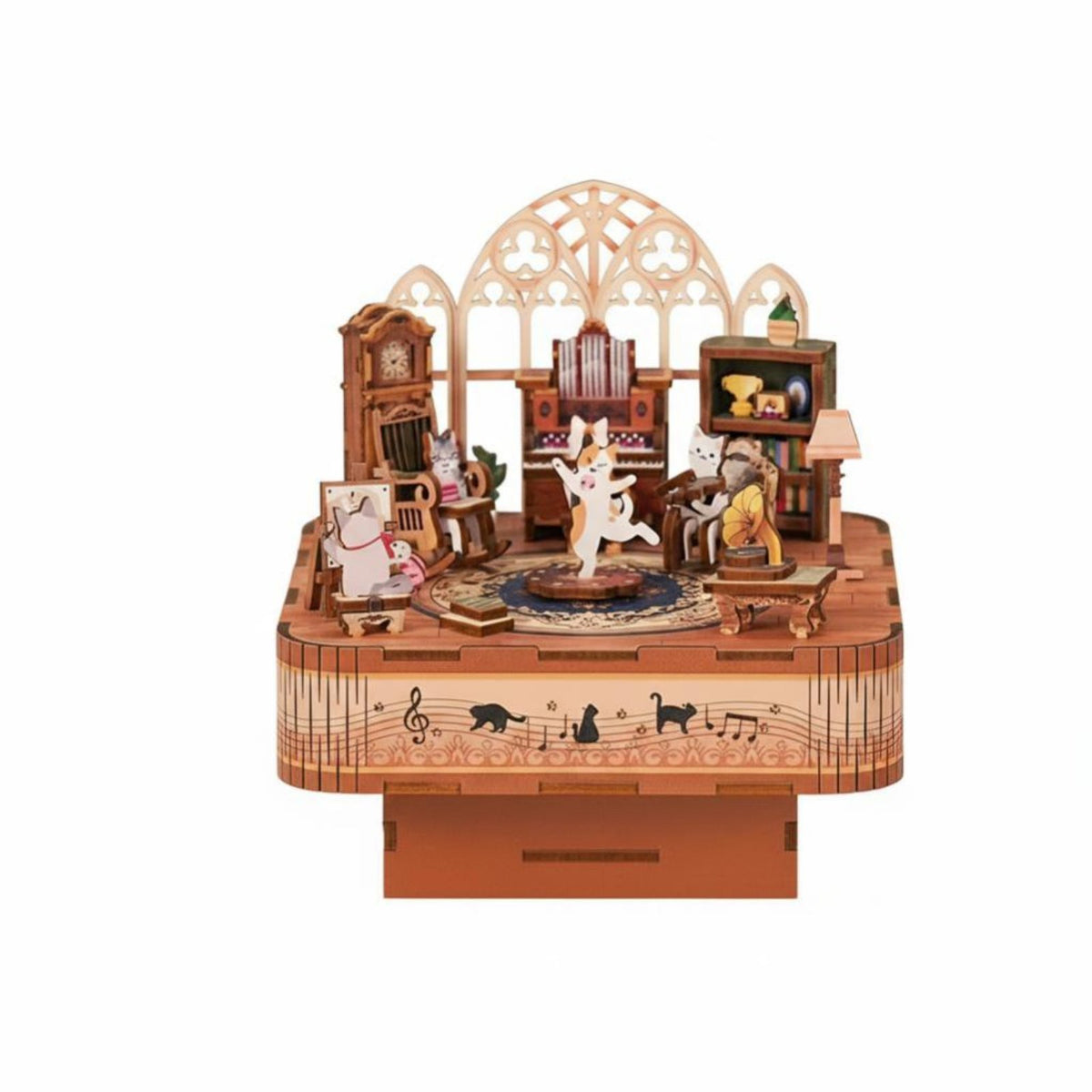 DIY Wooden Music Box, Cat Gathering 3D Model Kit, Rotatable Assembly Toy