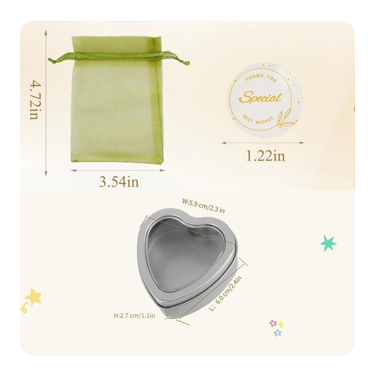 25 Pieces Metal Tin 60 Milliliters Capacity Gauze Drawstring Bag Heart-Shaped Window Tin Silver-Colored