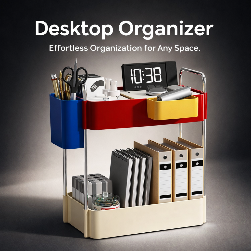 Desk Storage Organizer with Drawers and Phone Stand, Desktop Slanted Insert Compartments, Small Unit for Office Stationery
