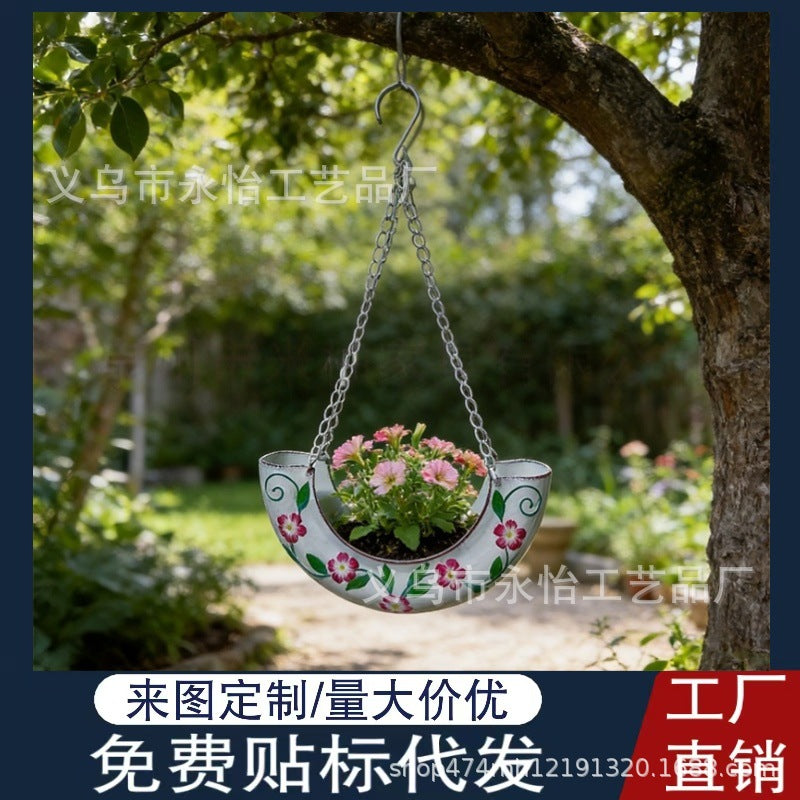 跨境新品铁艺彩绘轮胎悬挂花盆 阳台户外庭院花园悬挂花盆装饰