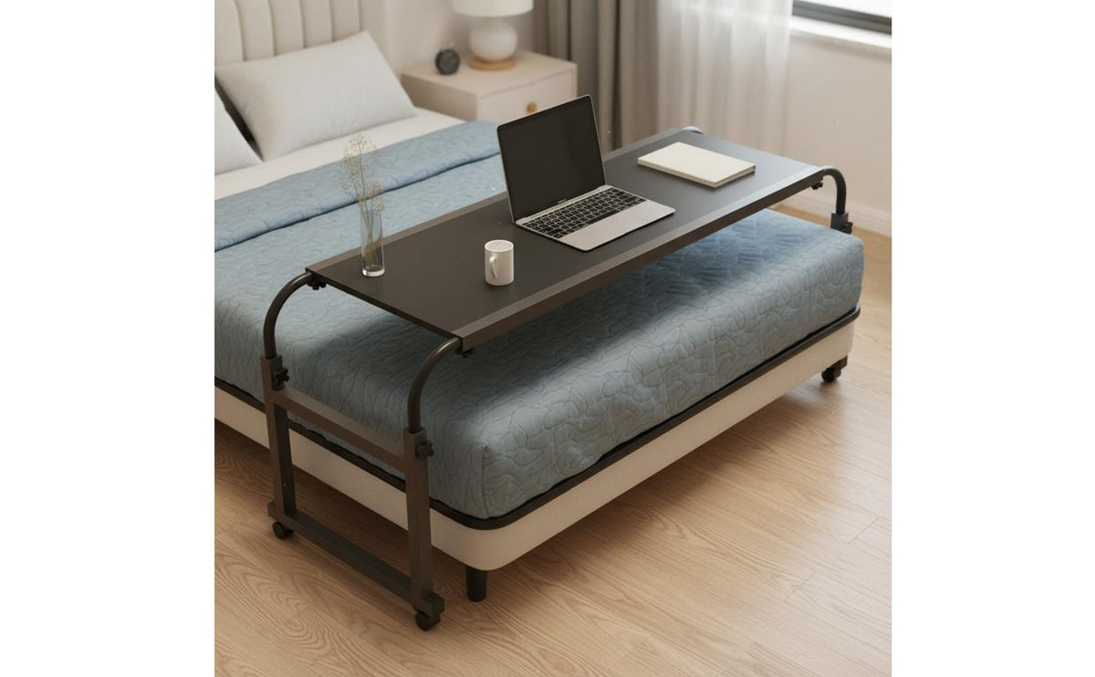Multi-Functional Adjustable Overbed Desk Stable Structure Cross Bed Study Table Raised Border Design Mobile Bed Table Low-Profile Base for Patients