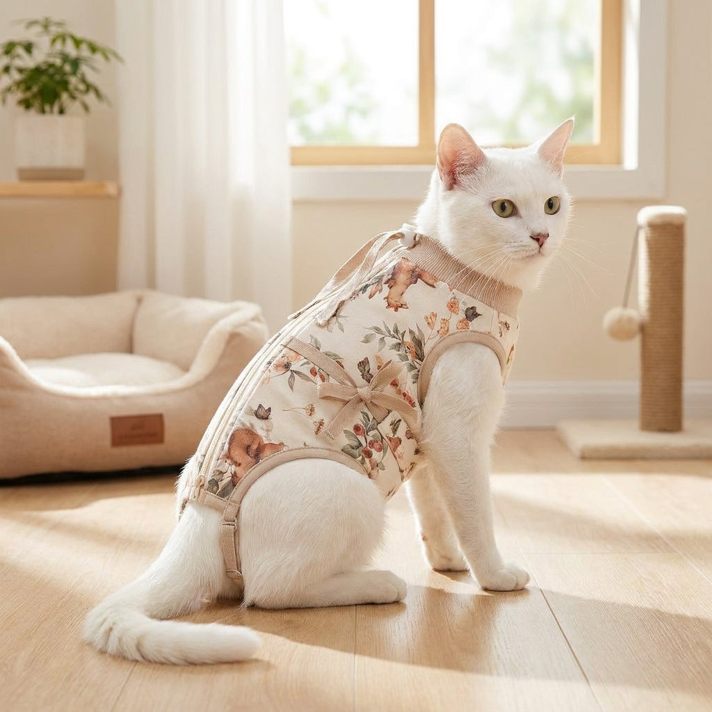 Spay Suit for Cats with Tie Back, Sleeveless Neuter Design, Post Surgery Cat Clothes, Female Recovery Suit, Summer Plant Pattern Anti Licking
