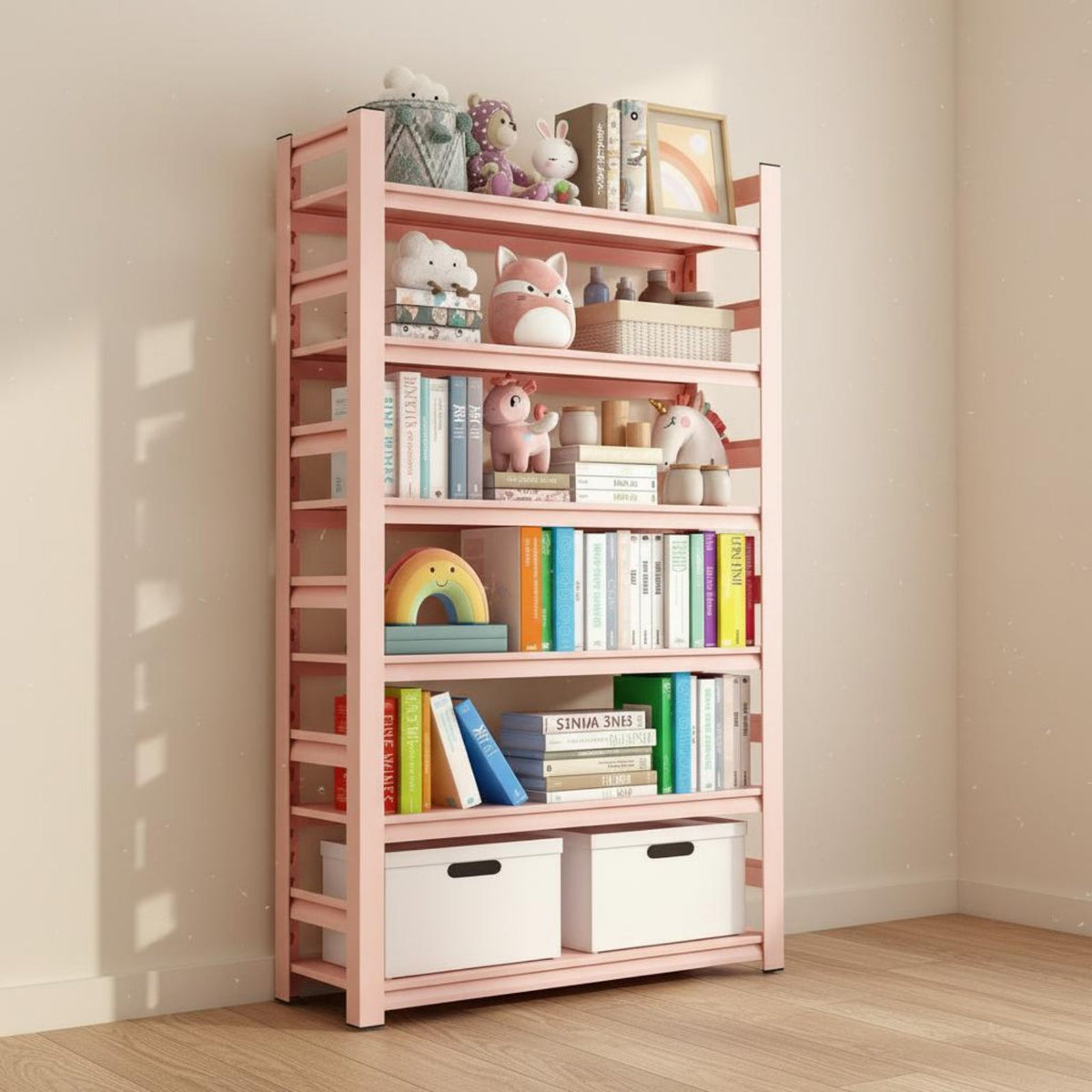 Pink Floor Bookshelf Modern Design Pink Kids Bookshelf Anti-Slip Feet for Girls