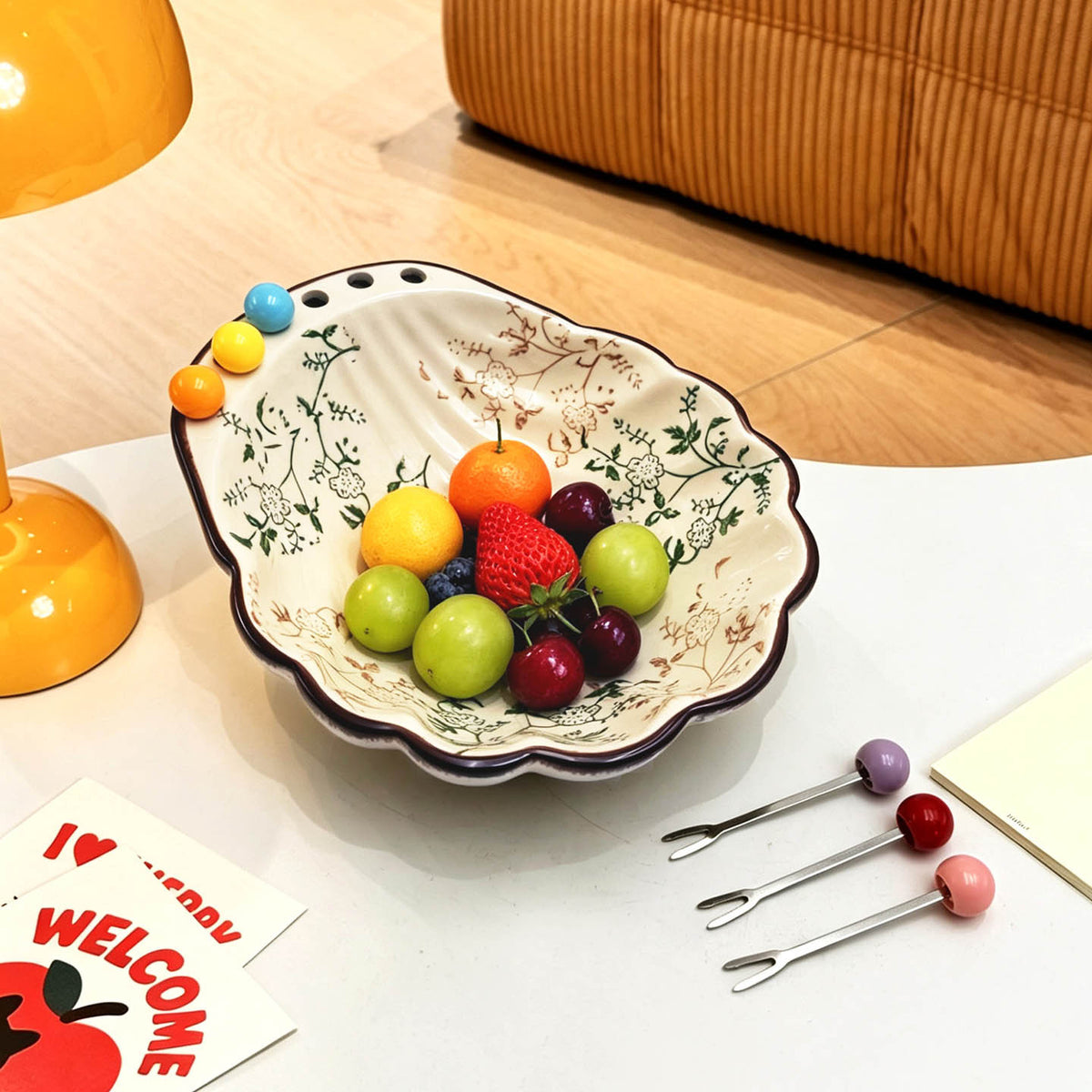 Ceramic Fruit Bowl with Fruit Fork Set, Simple Style, for Living Room and Tea Table