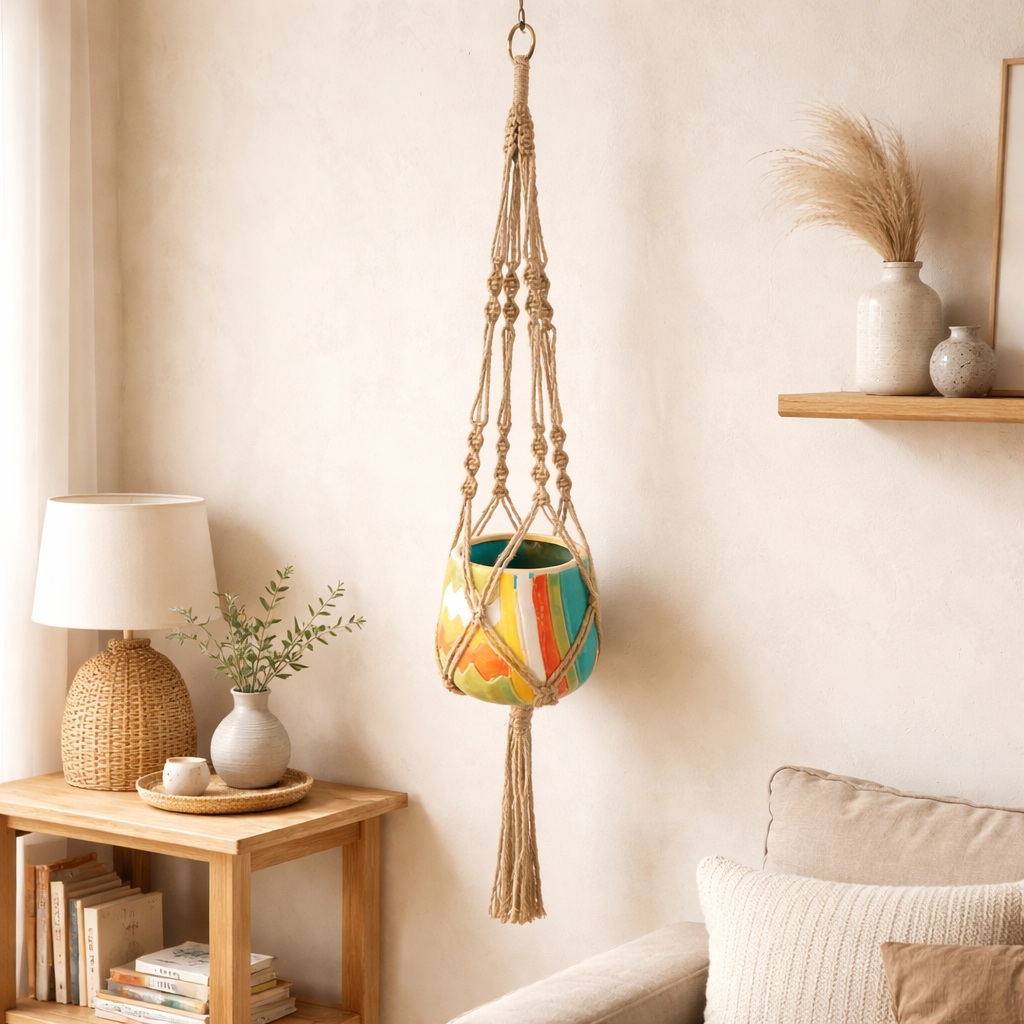 Macrame Plant Hanger, Hand-Woven Macrame Plant Hanger for Home Decor Fiber Hanging Planter, Sturdy European Design