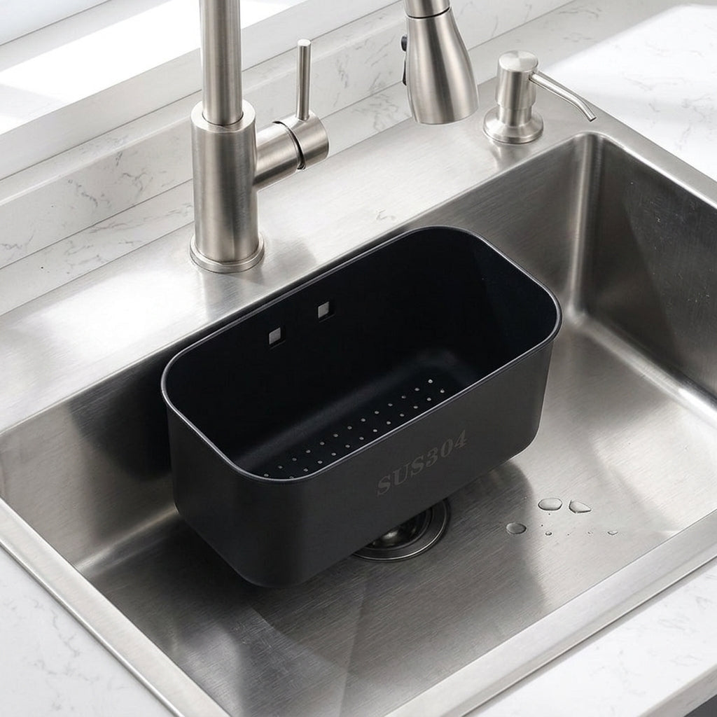 Kitchen Sink Drain Basket, Fixed Stainless Metal Rectangular Sink Strainer, Modern Vegetable Washing Basket and Sponge Holder Organiser