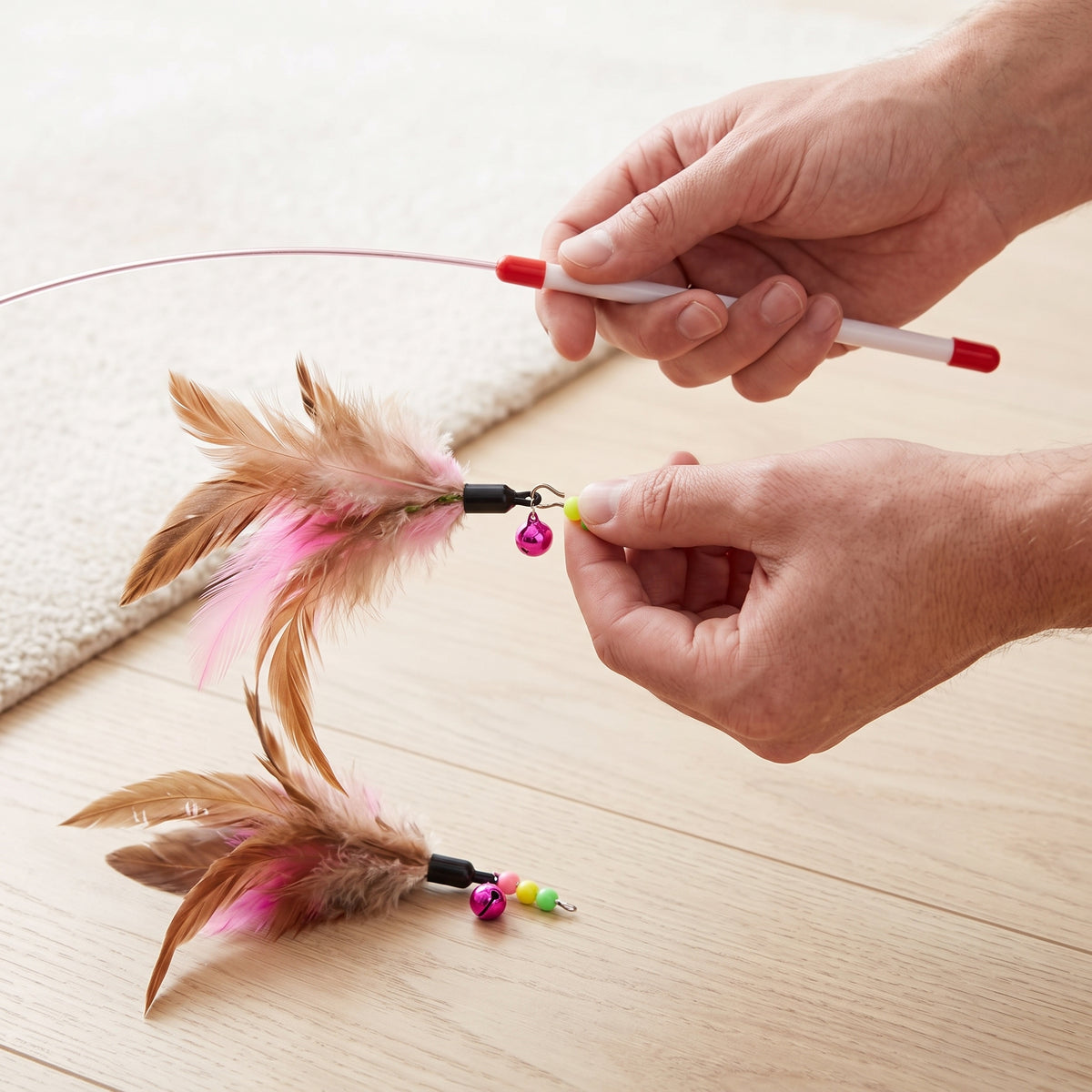 Retractable Feather and Wire Cat Teaser Wand Toy with Bell for Interactive Play
