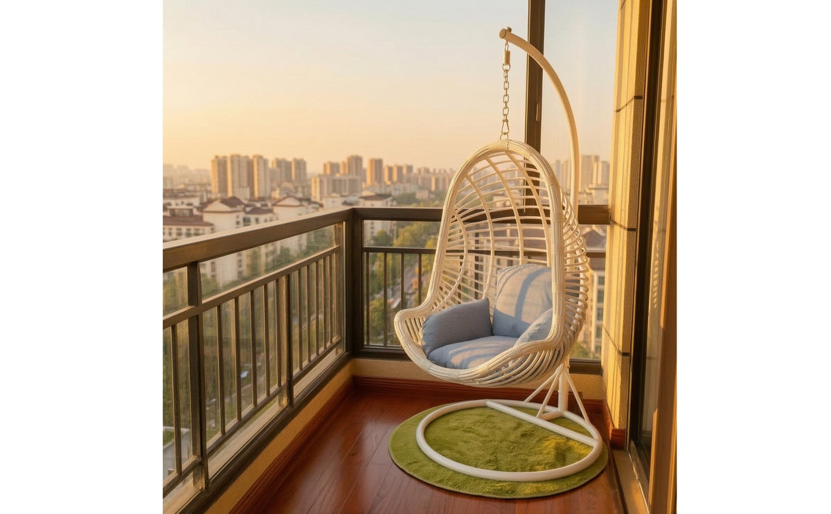 Rattan Egg Swing Chair with Cushion Suspended Egg Chair with Stand Freestanding Furniture Woven for Patio, Balcony