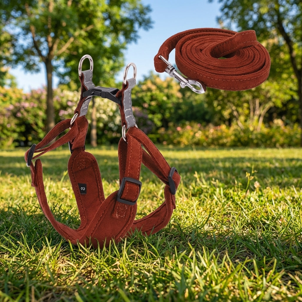 Vest Style Harness and Leash Set for Outdoor Walking, Suede Dog Vest Harness for Small Medium Dogs and Cats, Non-Retractable Dog Walking Leash