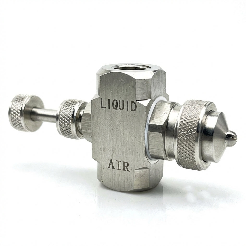 Adjustable Misting Nozzle Stainless Steel, Three-Fluid Air Atomization Spray Tip Nozzles for Dust Removal, Pressure Feed Siph