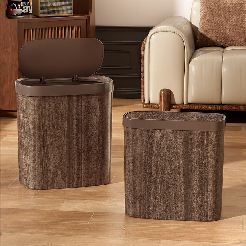 Vintage Wooden Texture Trash Can, Press-type, 12L+, Plastic, Oval