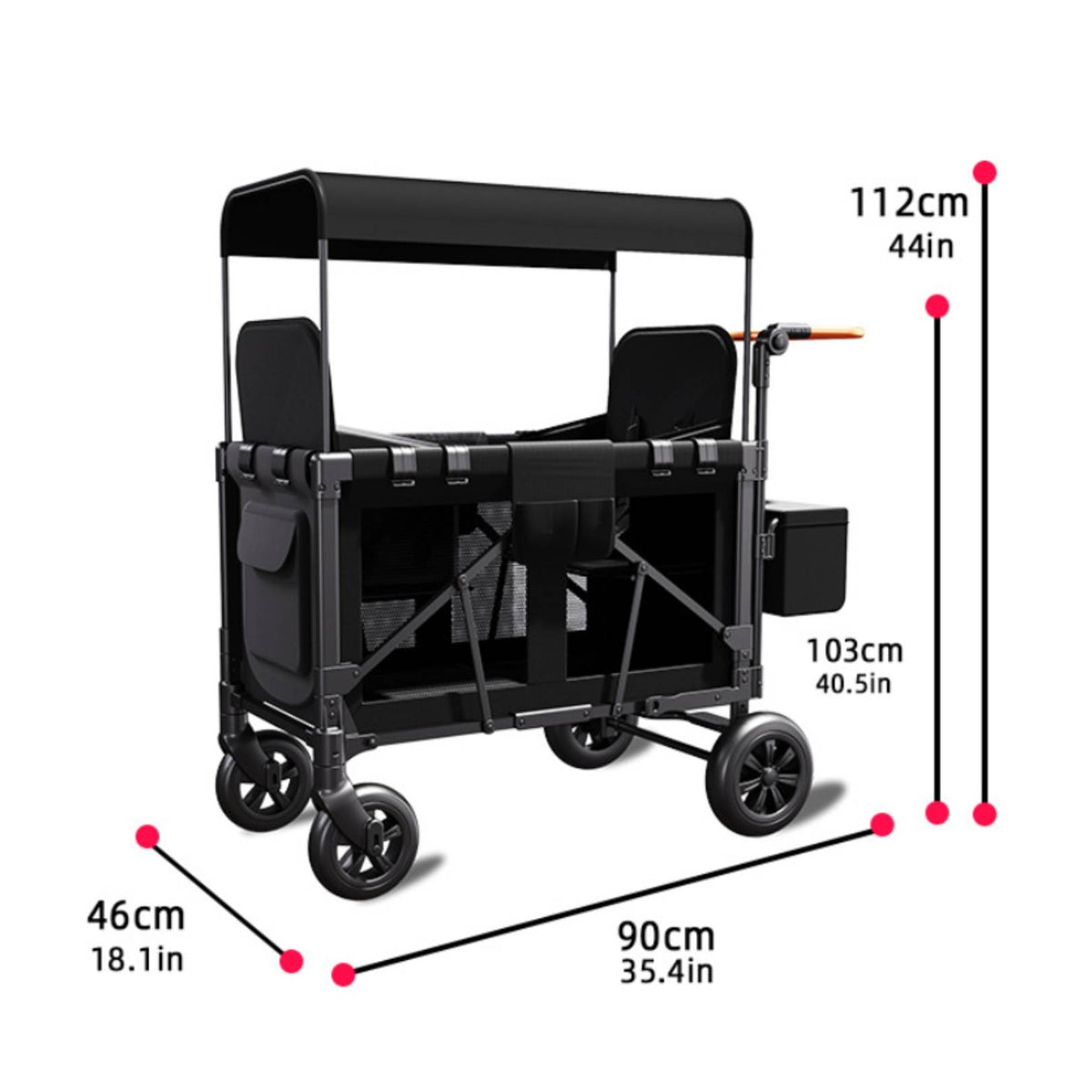 2 Seat Pushcart Wagon Full-Length Canopy Foldable Pushcart Wagon Swivel Wheels