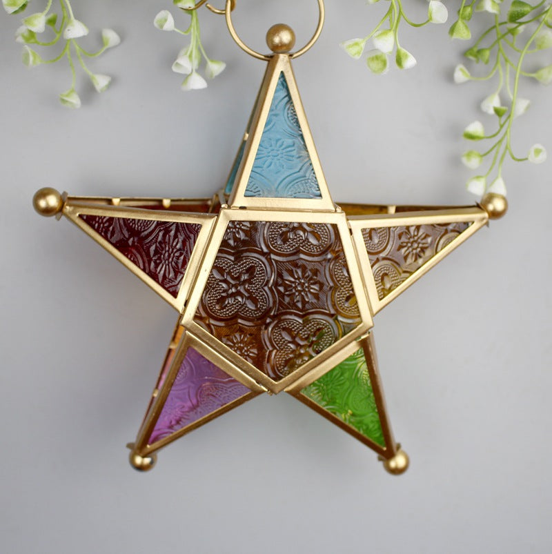 Moroccan Iron Five-Point Star Lantern with Colored Glass