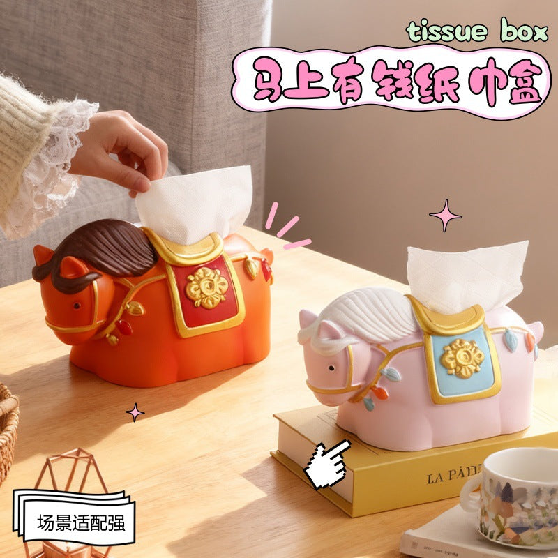 New Chinese Style Tissue Box with Horse and Money Design for Living Room