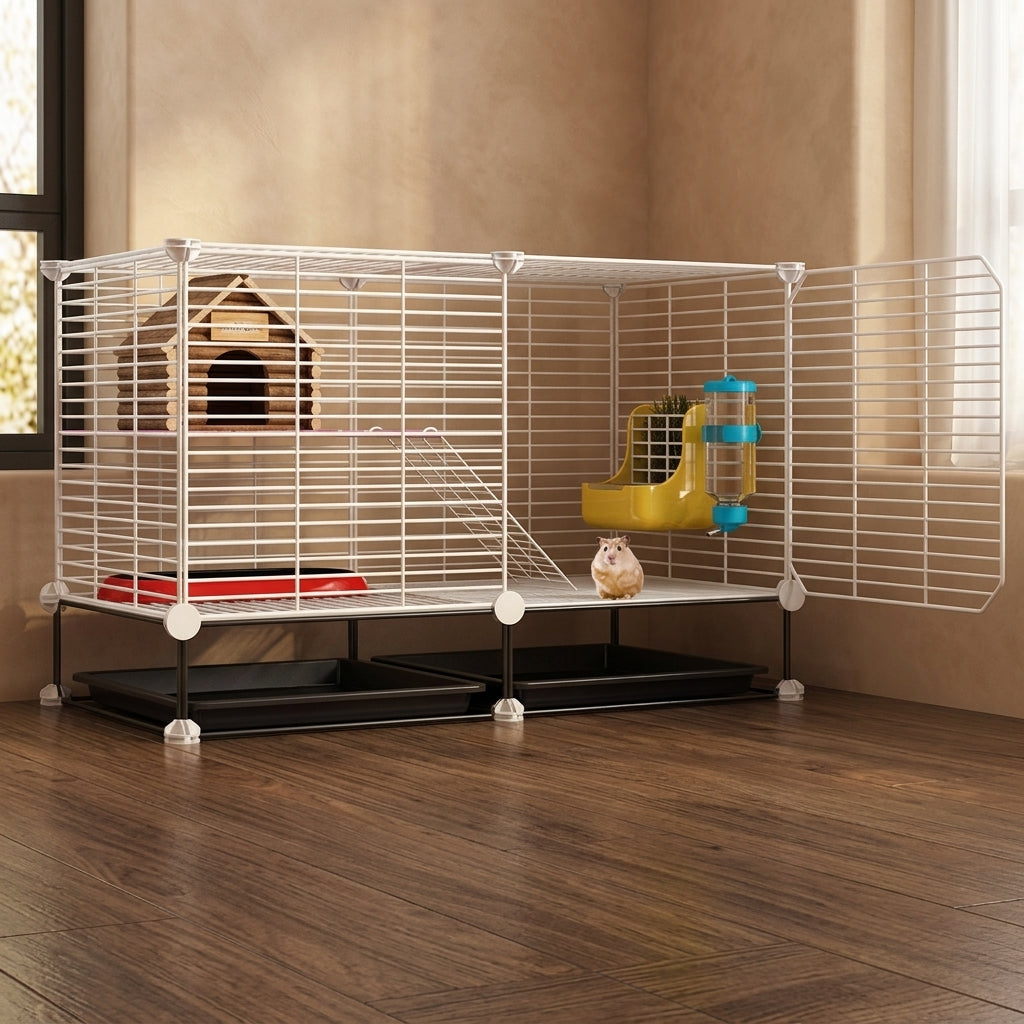 Hamster Cage and Multi-Level Chinchilla Habitat with 2 Tiers, Indoor Gerbil Cage and Rodent Cage with Bottom Board and Easy Clean Front Access