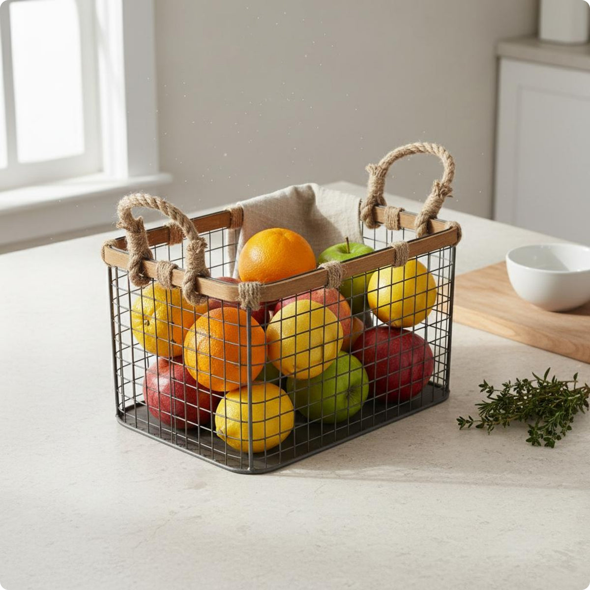 Wire-Grid Basket Rope Handles Rectangular Storage Basket Stackable Organizer Bin