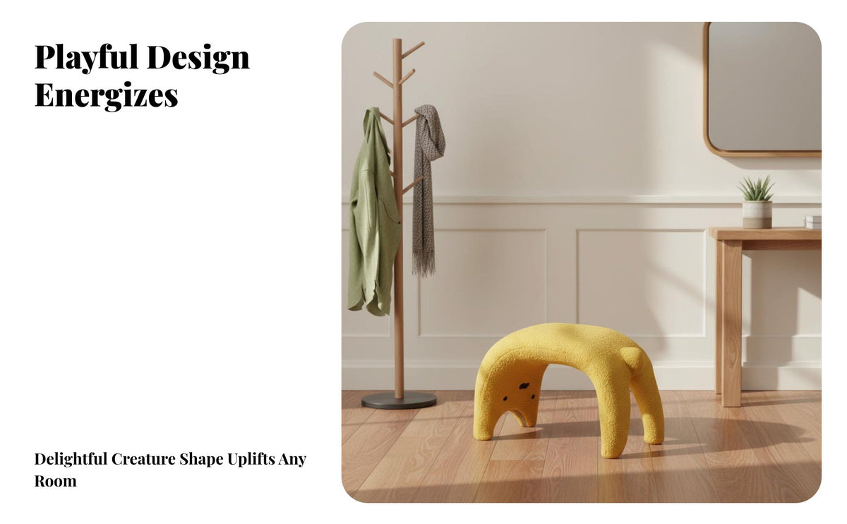 creatureInspired Design Feline-Shaped Ottoman Soft Sherpa Upholstery Upholstered Footrest Multi-Purpose Use Low Stool Padded Seat for Pet Owners, Home Decorators, Office Workers, Entryway, Dressing Room, Bedroom, Under Desk